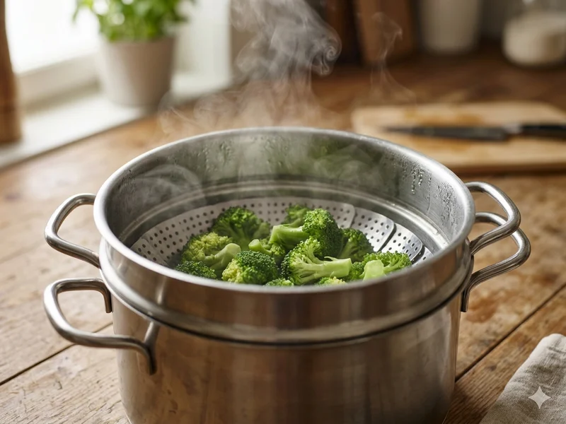 Brocoli dans panier vapeur en bambou au-dessus d&rsquo;une casserole fumante, vapeur visible
