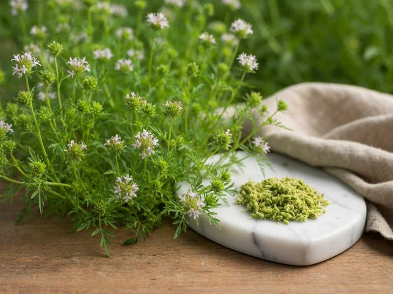 champ de plants de cumin en fleurs sous un ciel clair, gros plan sur les ombelles blanches caractéristiques des Apiacées…