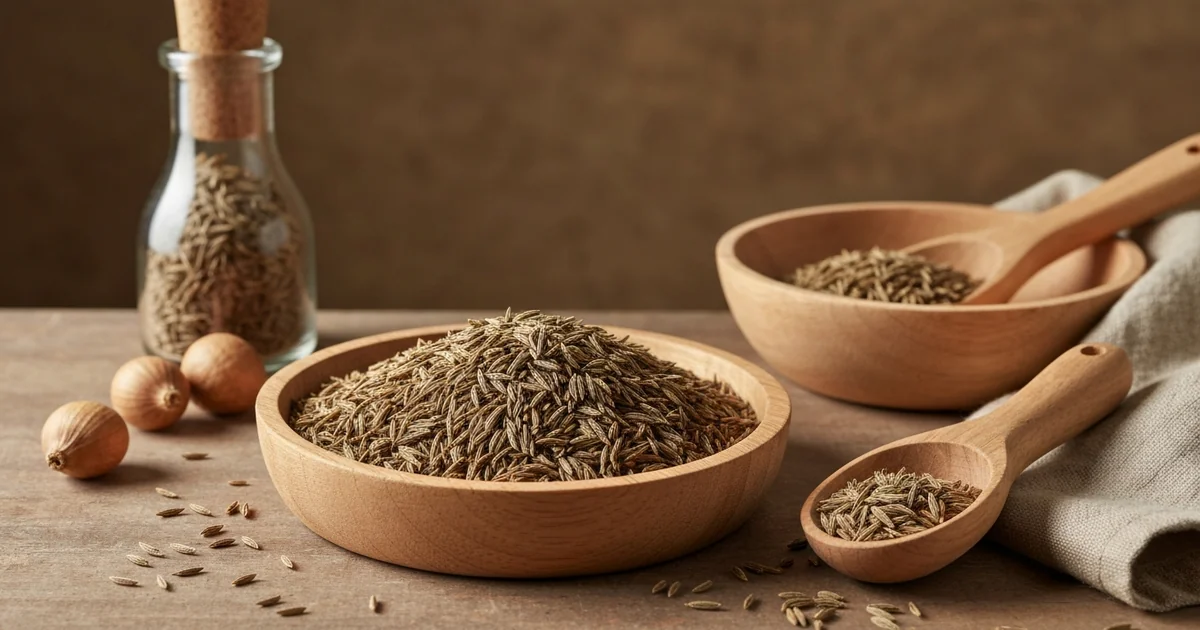 Graines de cumin entières dans une cuillère en bois posée sur une table de cuisine