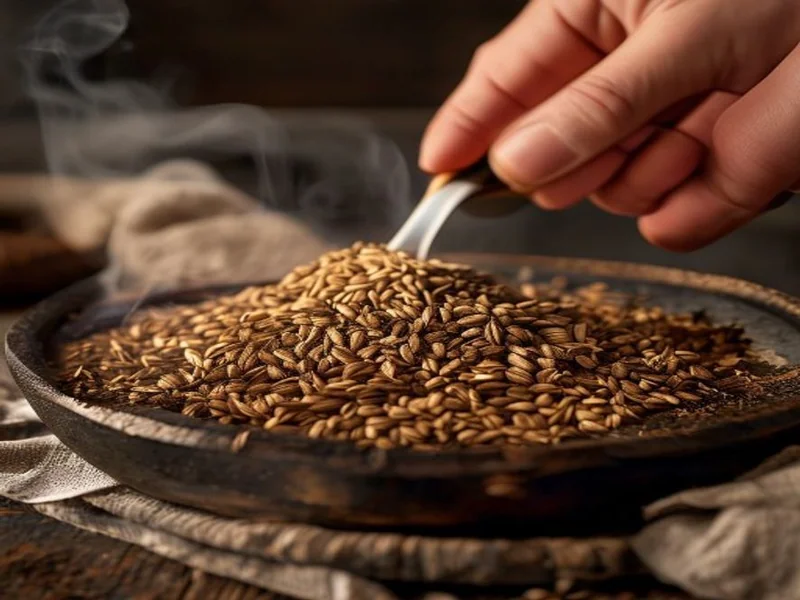 graines de cumin en train d&rsquo;être torréfiées dans une poêle en fonte, légère fumée, mains tenant le manche, ambiance cuis…