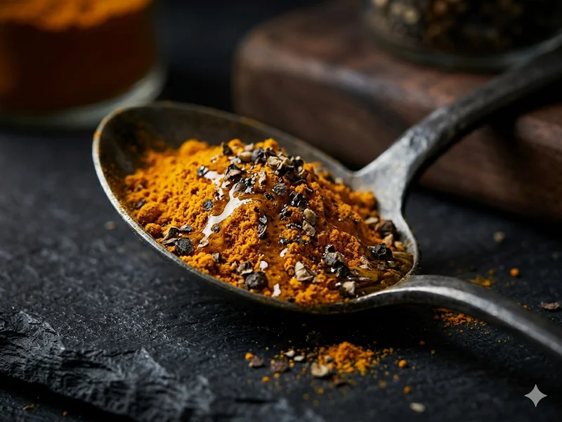 gros plan macro d&rsquo;une cuillère de poudre de curcuma orange mélangée à des grains de poivre noir concassés et un filet d&rsquo;…
