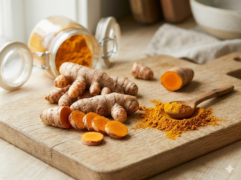 rhizomes de curcuma frais entiers et tranchés, à côté d&rsquo;un petit tas de poudre de curcuma orange vif et d&rsquo;une cuillère e…