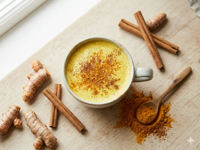 tasse de golden latte au curcuma mousseux, vu de dessus, saupoudré de curcuma et de cannelle, sur une table en bois avec…