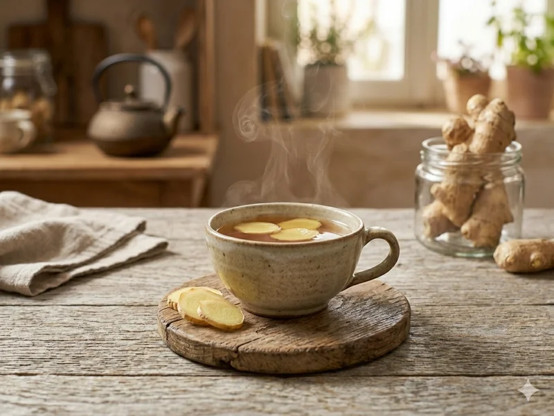 Tasse d’infusion au gingembre fumante avec tranches de gingembre frais à côté, fond rustique chaleureux