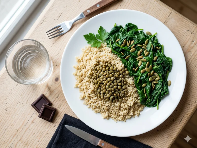 Assiette colorée vue de dessus contenant quinoa lentilles épinards et graines de courge, à côté d&rsquo;un verre d&rsquo;eau et de carrés de chocolat noir, sur table en bois, lumière naturelle, ambiance déjeuner équilibré, style photo lifestyle culinaire
