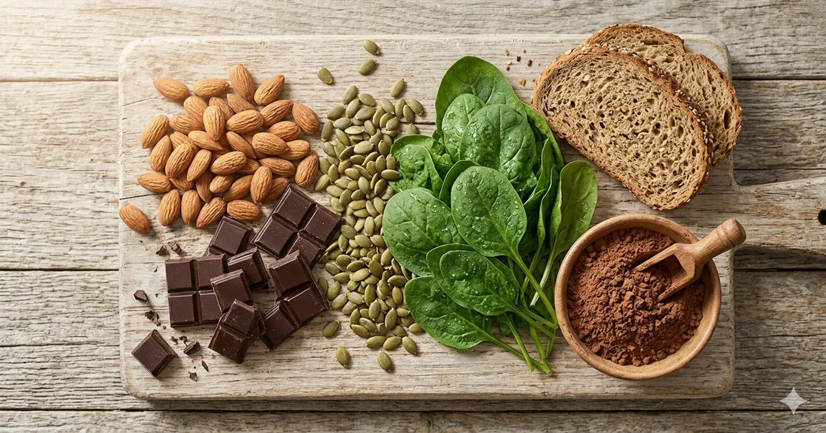 Aliments riches en magnésium : amandes, graines de courge, chocolat noir, épinards et légumineuses disposés sur une table