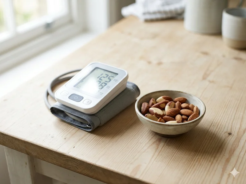 Tensiomètre digital posé à côté d&rsquo;un bol de noix du brésil et amandes sur une table de cuisine en bois clair, lumière naturelle, composition épurée, style photographie santé éditoriale