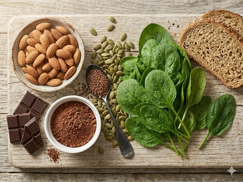 Vue de dessus sur planche en bois clair d&rsquo;aliments riches en magnésium - bol d&rsquo;amandes, graines de lin dans une cuillère, carrés de chocolat noir, cacao en poudre dans un ramequin, feuilles d&rsquo;épinards frais, ambiance cuisine naturelle, lumière douce du matin, style photo culinaire éditoriale