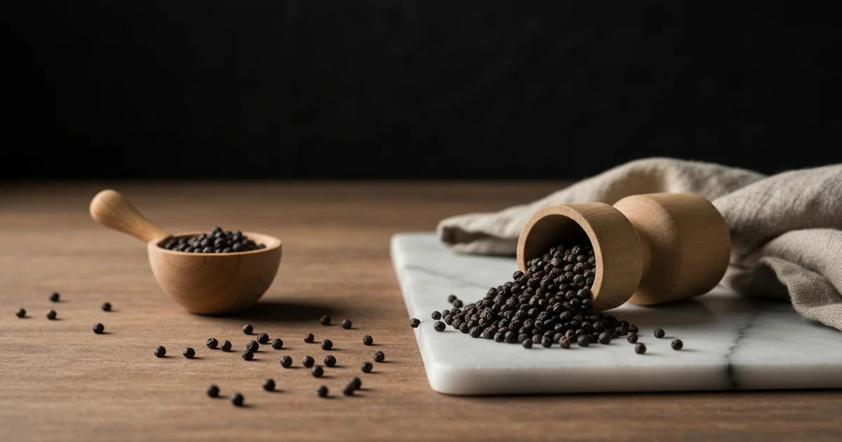 Grains de poivre noir entiers et concassés avec moulin à poivre en bois sur fond sombre