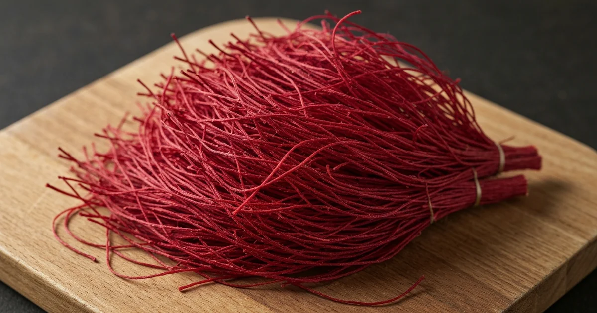 filaments de safran rouge vif disposés sur fond ardoise sombre, lumière naturelle latérale, gros pla