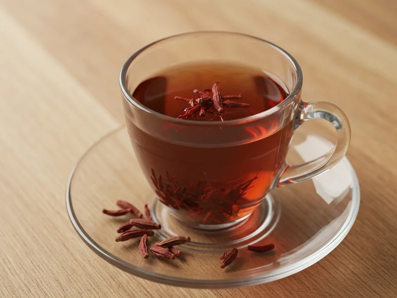 tasse d&rsquo;infusion dorée avec quelques filaments de safran rouges posés sur le bord, fond en bois natu