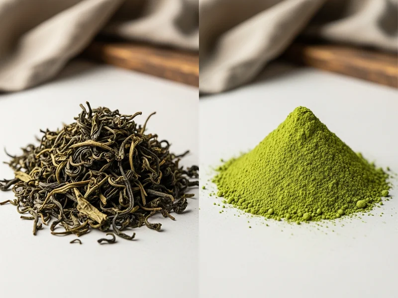 Comparaison côte à côte de feuilles de thé vert séchées en vrac à gauche et d’un tas de poudre de matcha vert vif à droite, sur fond clair neutre, style photo macro nette