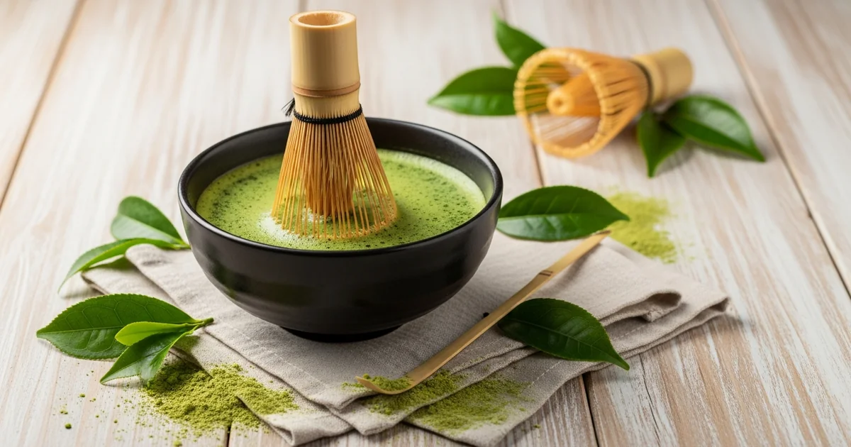 Bol de matcha vert intense préparé au fouet en bambou sur une table en bois clair