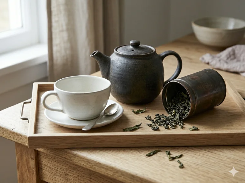 Fouet en bambou et bol de matcha vert vif en poudre à côté d’une tasse de thé vert infusé, comparaison visuelle, lumière naturelle douce