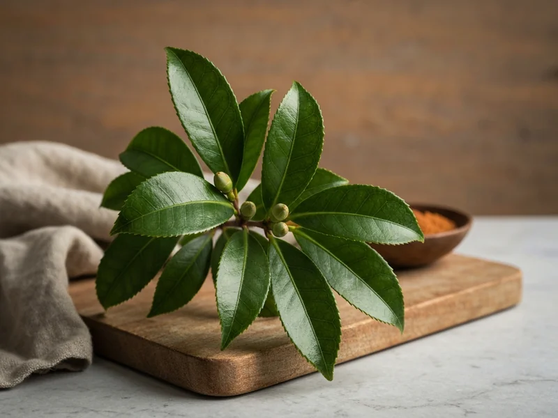 feuilles fraîches de Camellia sinensis sur une branche avec jeunes bourgeons en gros plan, lumière n