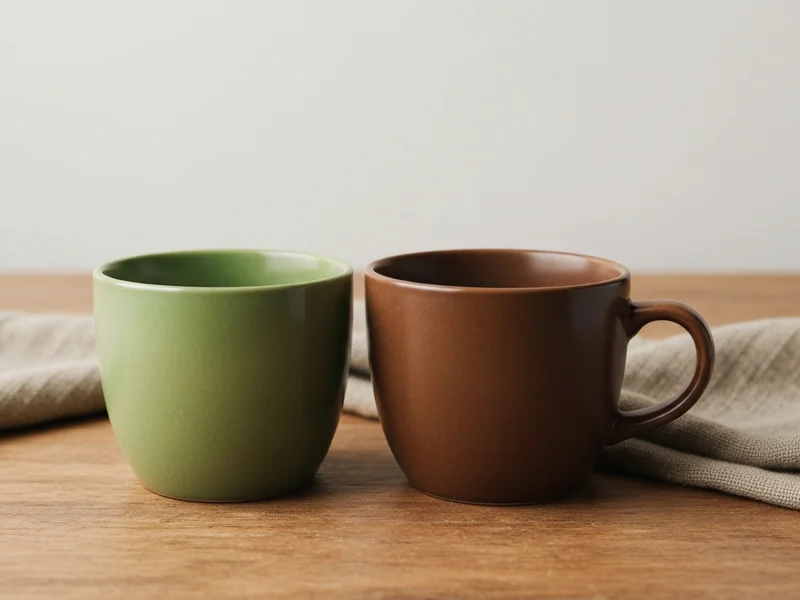 tasse de thé vert et tasse de thé noir côte à côte sur une table en bois naturel, couleurs contrasté