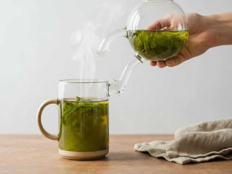 théière en verre versant du thé vert infusé dans une tasse en céramique beige, vapeur visible légère