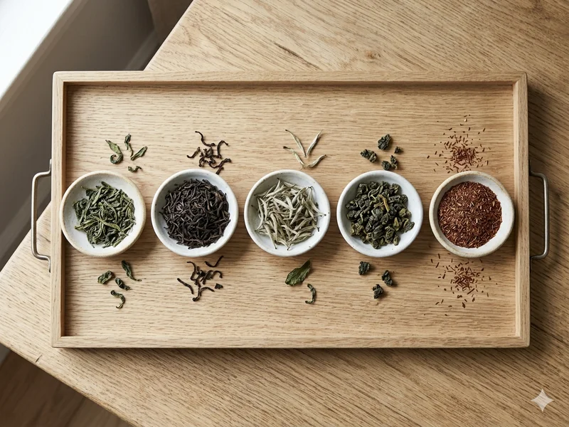 Planche pédagogique : feuilles de thé blanc, vert, oolong et noir avec leur degré d’oxydation