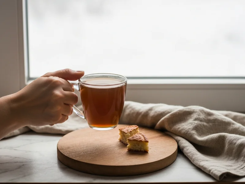 gros plan d&rsquo;une main féminine tenant une tasse de tisane chaude, regard absent par la fenêtre, atmos