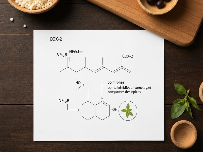 schéma simplifié des voies NF-κB et COX-2 avec flèches indiquant les points d’inhibition par les com