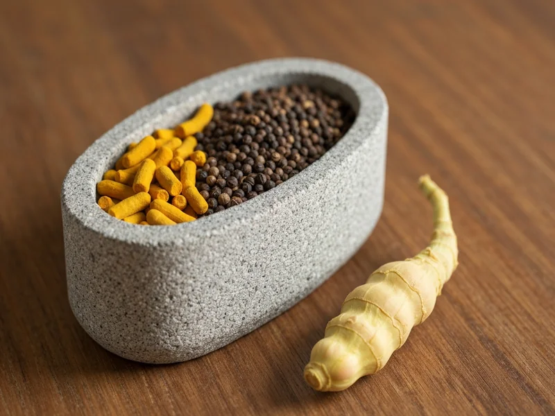 mortier en granit rempli d’épices colorées — curcuma jaune, clous de girofle bruns, grains de poivre