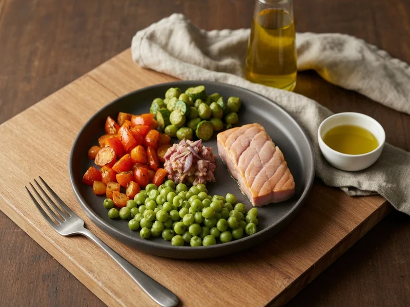 Assiette équilibrée vue de dessus, moitié légumes colorés rôtis, quart pois chiches, quart filet de maquereau, filet d&rsquo;huile d&rsquo;olive