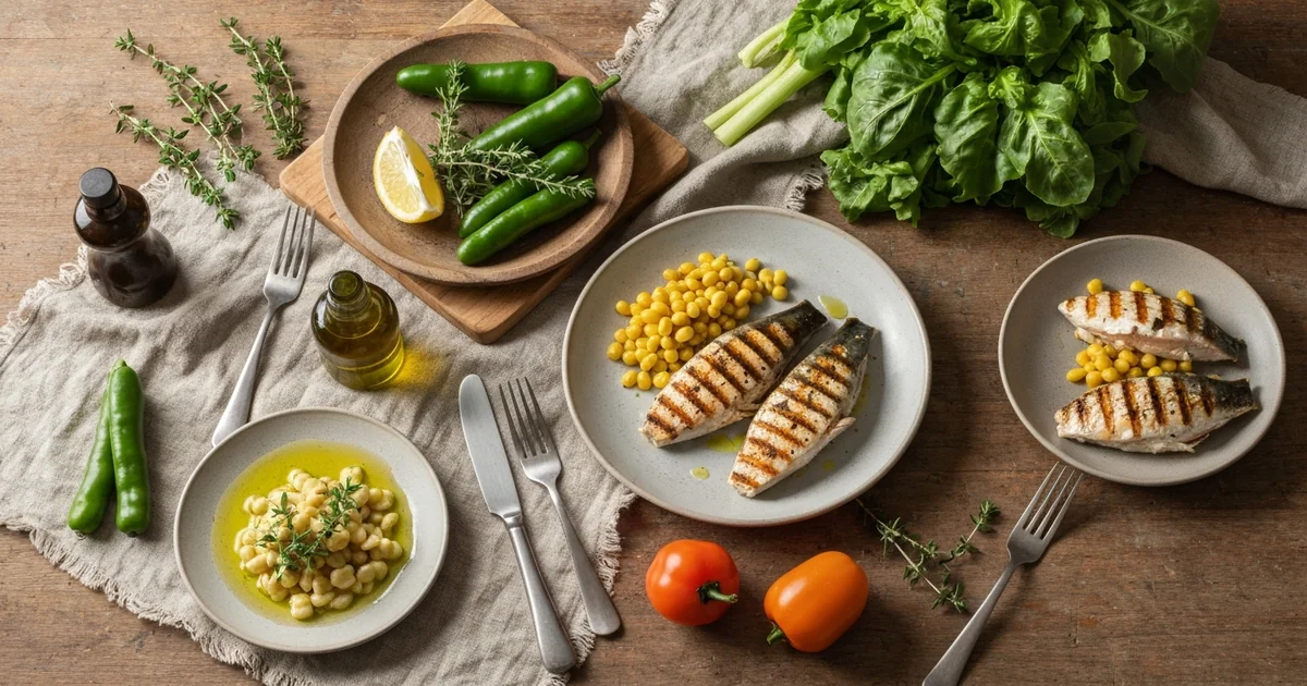 Table en bois garnie de légumes frais, huile d'olive, pois chiches, poisson grillé et herbes aromatiques typiques du régime méditerranéen