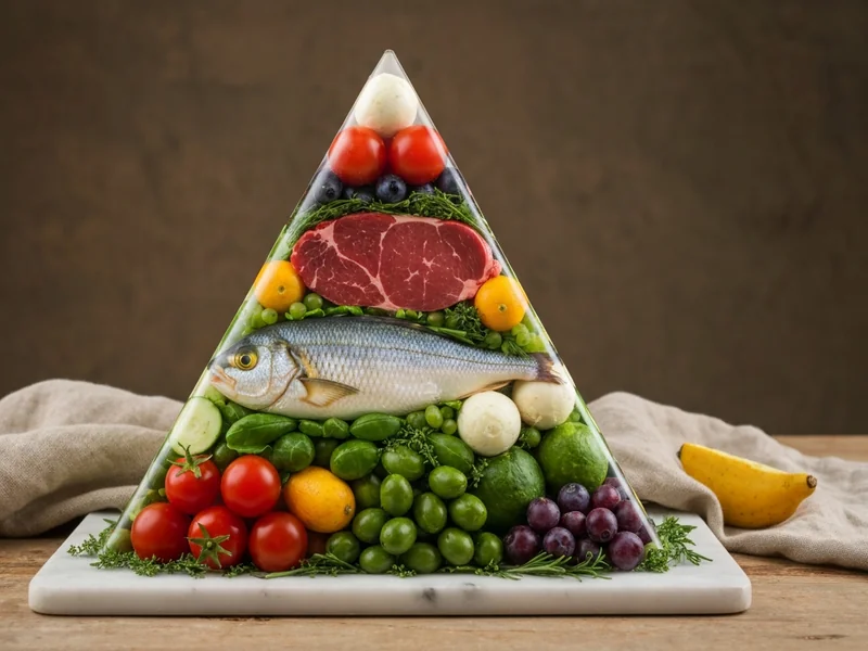 Pyramide alimentaire méditerranéenne illustrée et lisible, base de légumes fruits légumineuses céréales complètes, milieu poisson, sommet viande rouge