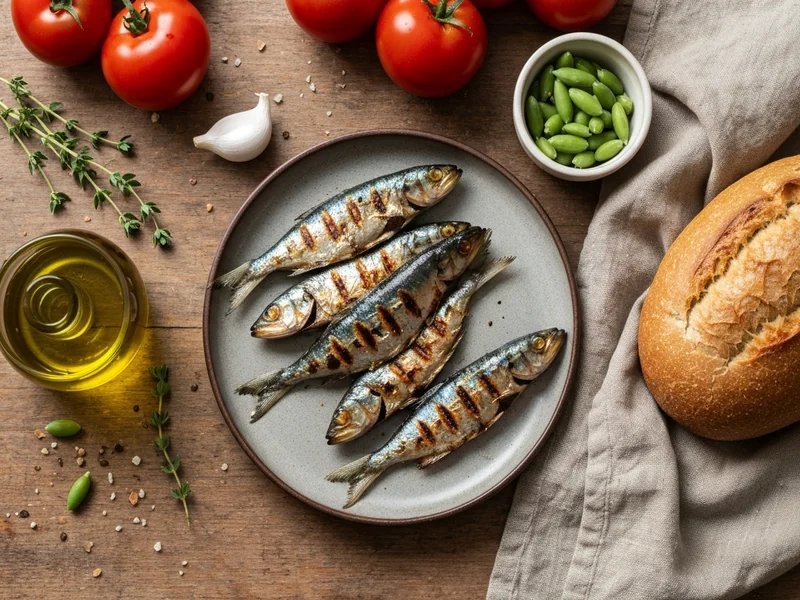 Table en bois rustique vue de dessus avec huile d&rsquo;olive, tomates, pois chiches, sardines grillées, pain complet et herbes fraîches