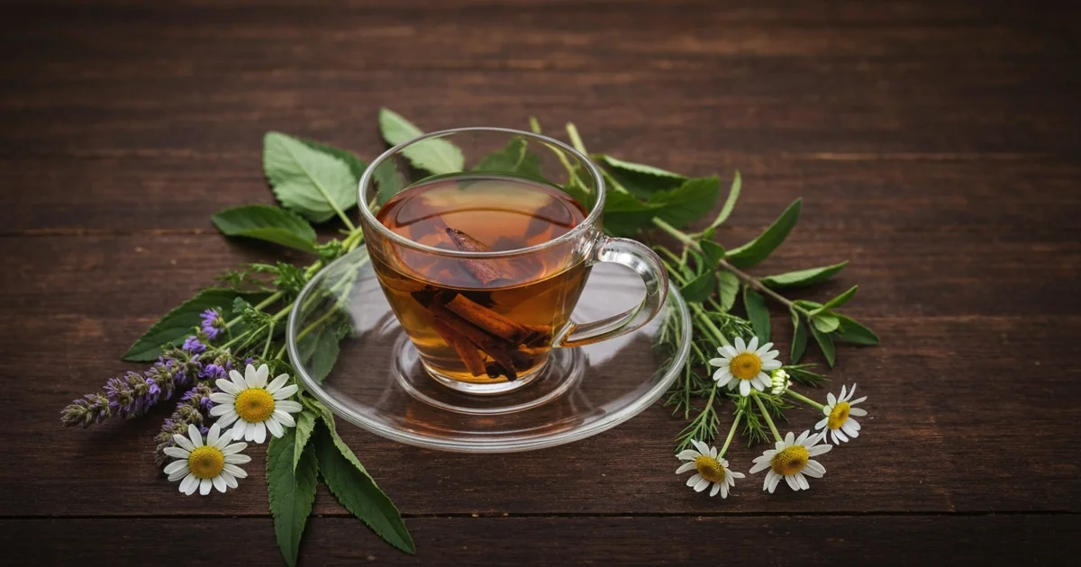tasse de tisane fumante entourée de plantes médicinales (camomille, valériane, mélisse) disposées su
