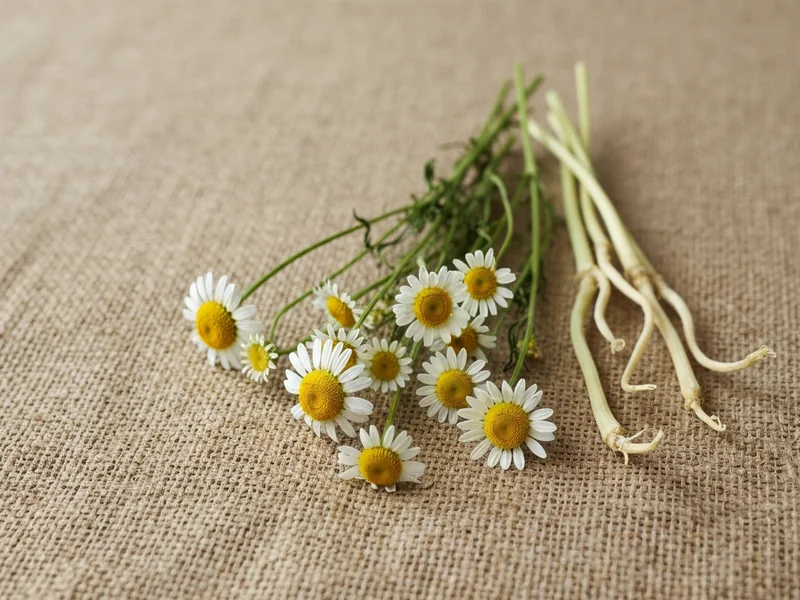 fleurs de camomille séchées et racine de valériane côte à côte sur un fond de toile de jute naturell