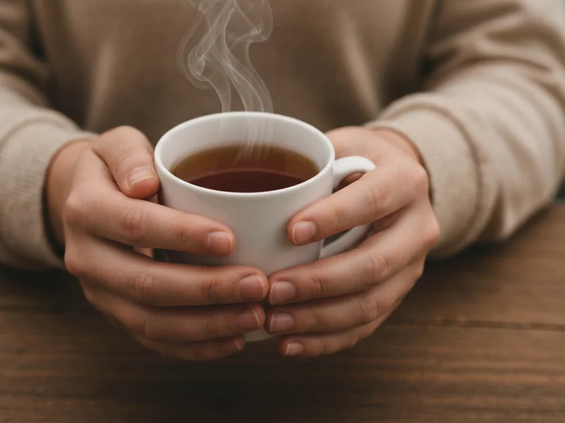 mains qui tiennent une tasse en céramique blanche remplie de tisane fumante, éclairage chaud et tami