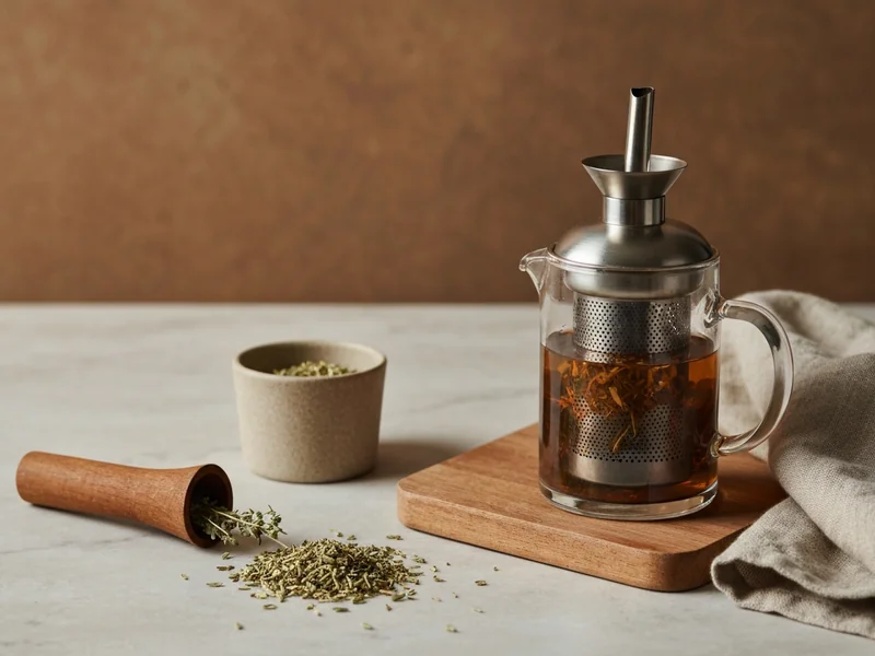 préparation d’une tisane dans une théière en verre avec infuseur métallique et herbes séchées au pre