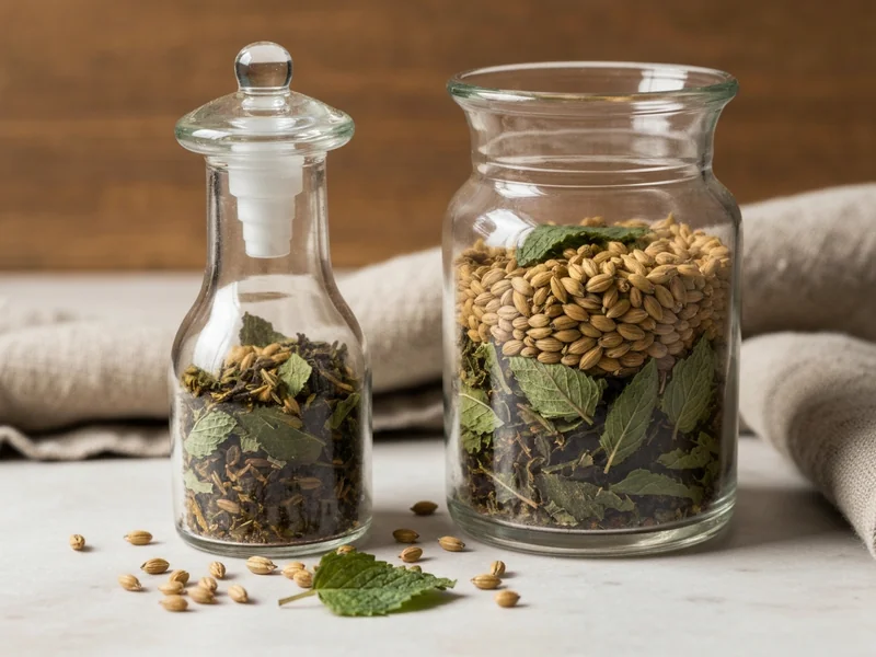 bocal en verre hermétique contenant un mélange de tisane digestive maison avec graines de fenouil et